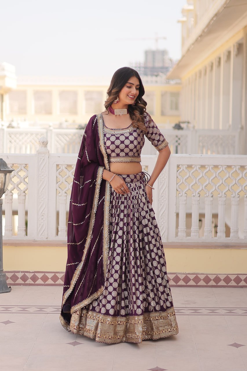 Stunning Dyeable Viscose Jacquard Wine Lehenga Set with Embroidered Sequins