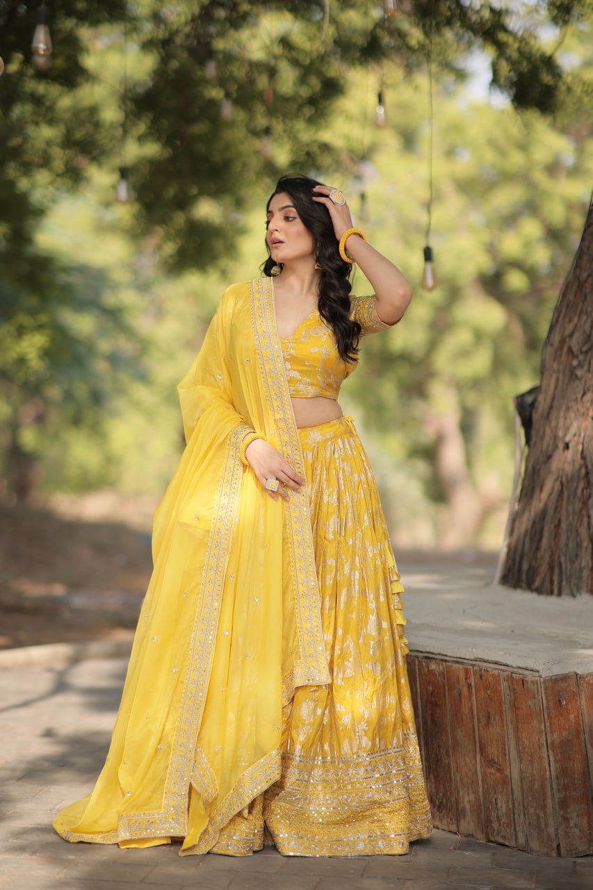 Stunning Dyeable Viscose Jacquard Yellow Lehenga Choli Set with Embroidered Sequins Work