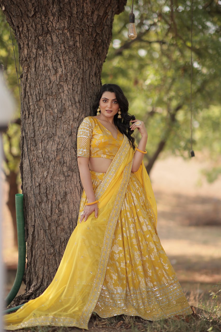 Stunning Dyeable Viscose Jacquard Yellow Lehenga Choli Set with Embroidered Sequins Work