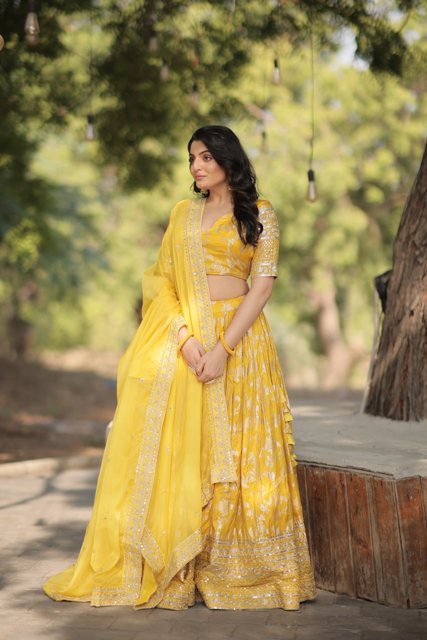 Stunning Dyeable Viscose Jacquard Yellow Lehenga Choli Set with Embroidered Sequins Work