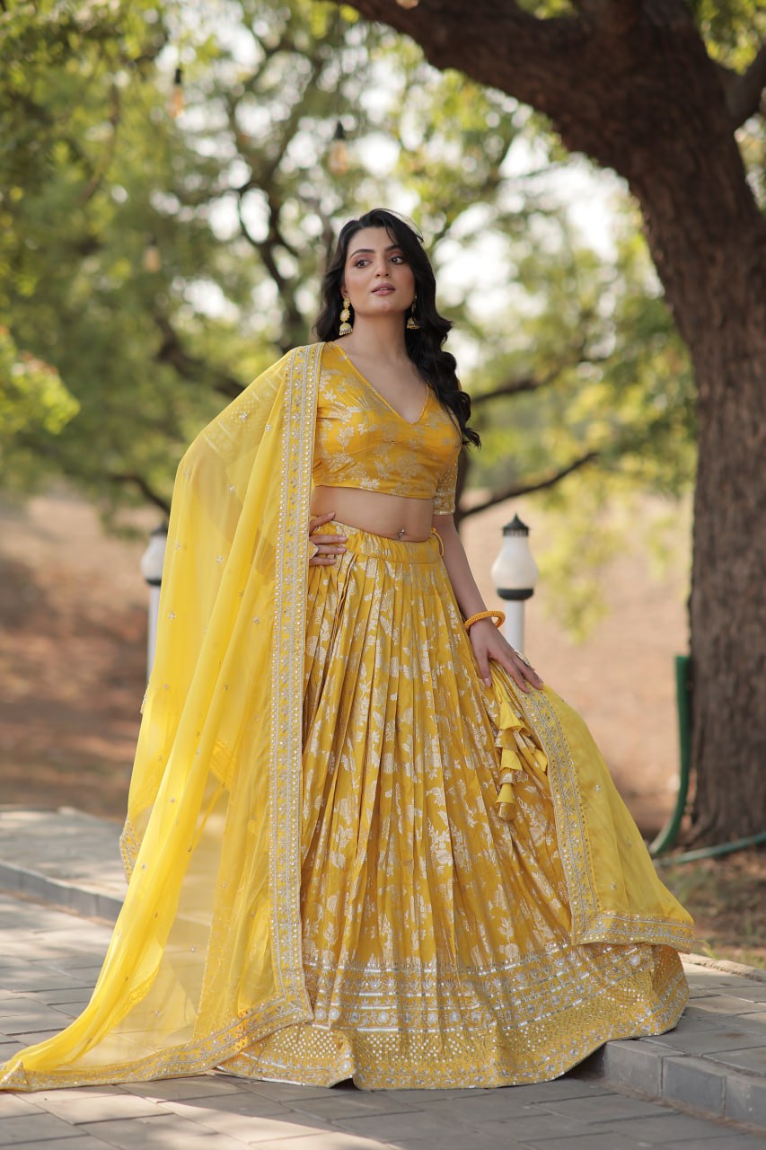 Stunning Dyeable Viscose Jacquard Yellow Lehenga Choli Set with Embroidered Sequins Work