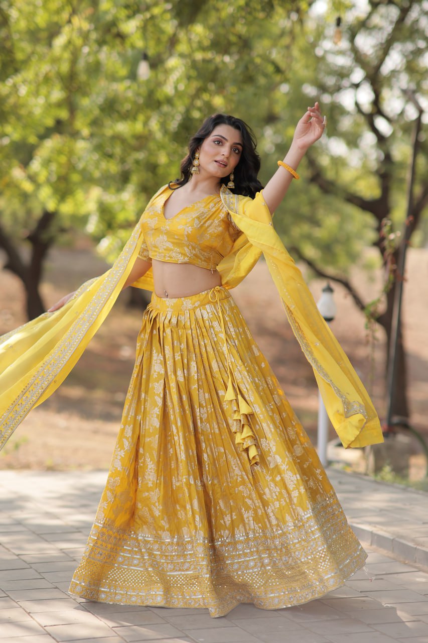 Stunning Dyeable Viscose Jacquard Yellow Lehenga Choli Set with Embroidered Sequins Work