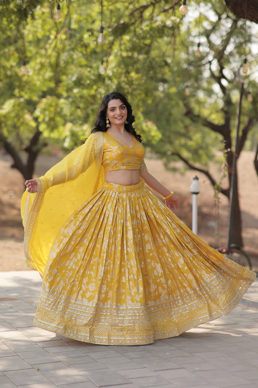 Stunning Dyeable Viscose Jacquard Yellow Lehenga Choli Set with Embroidered Sequins Work