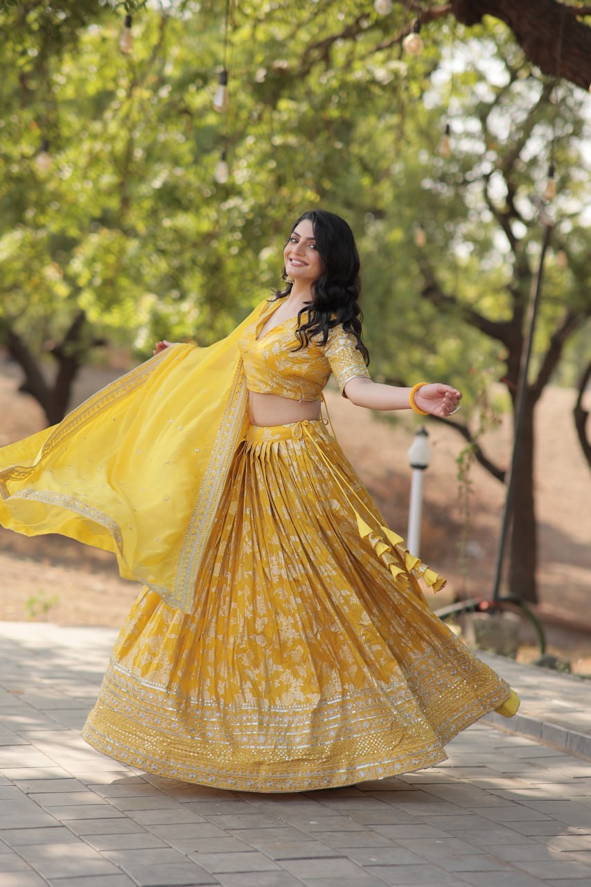 Stunning Dyeable Viscose Jacquard Yellow Lehenga Choli Set with Embroidered Sequins Work