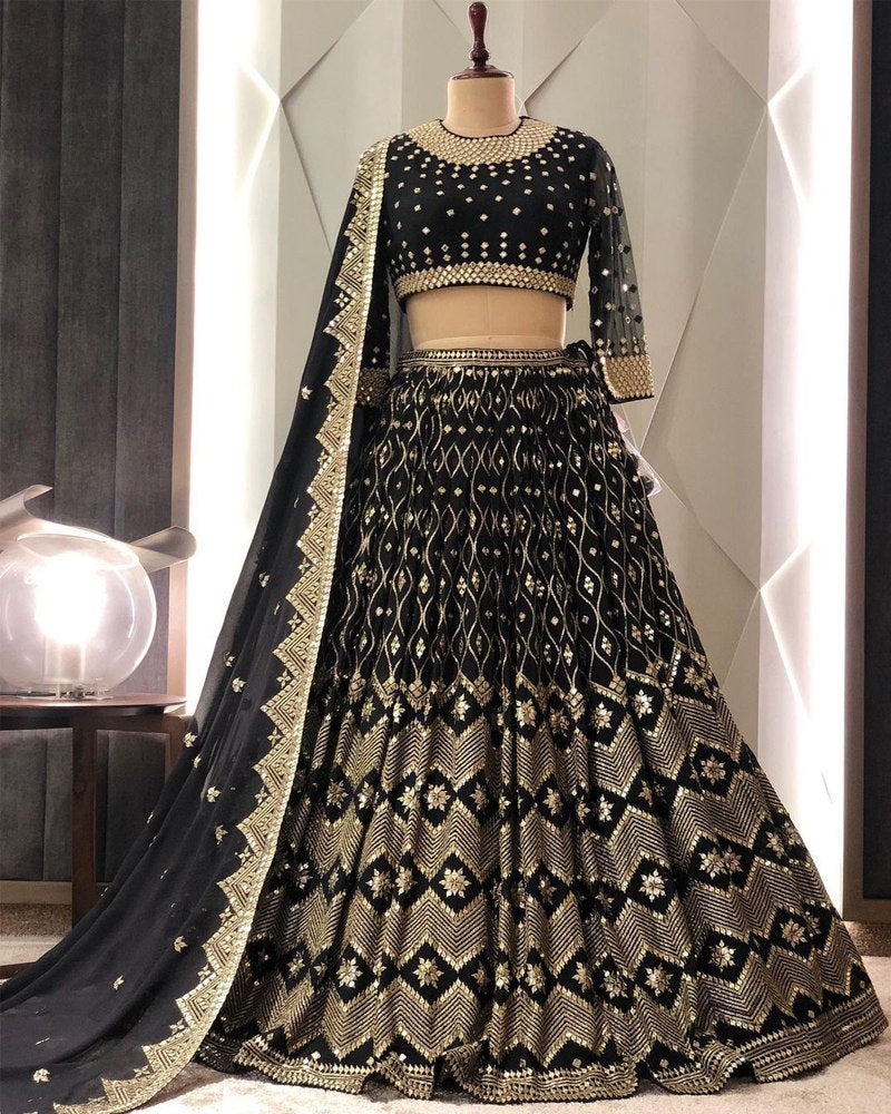 Stunning Georgette Black Lehenga Choli Dupatta Set with Sequined Embroidery