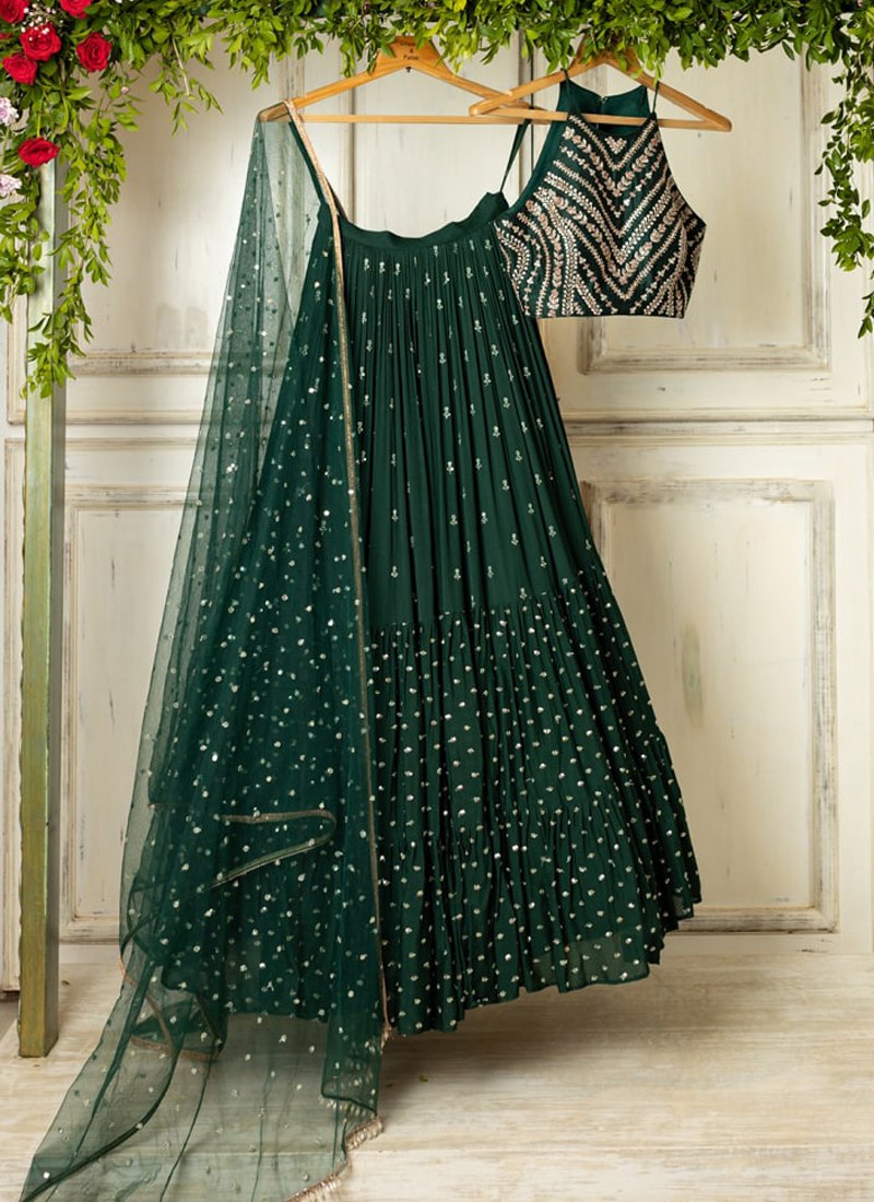 Stunning Georgette Green Lehenga Set with Cascading Sequins and Stonework