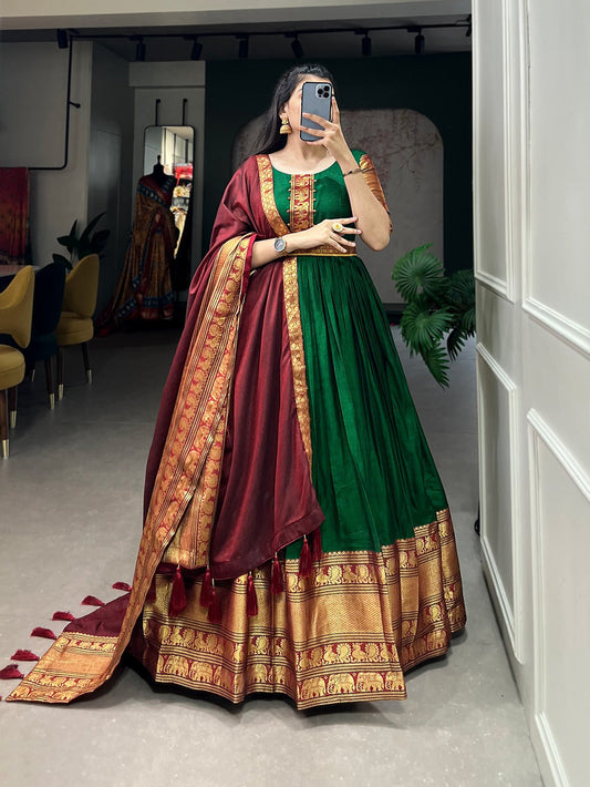 Stunning Green Traditional Narayanpet Gown with Dupatta & Belt