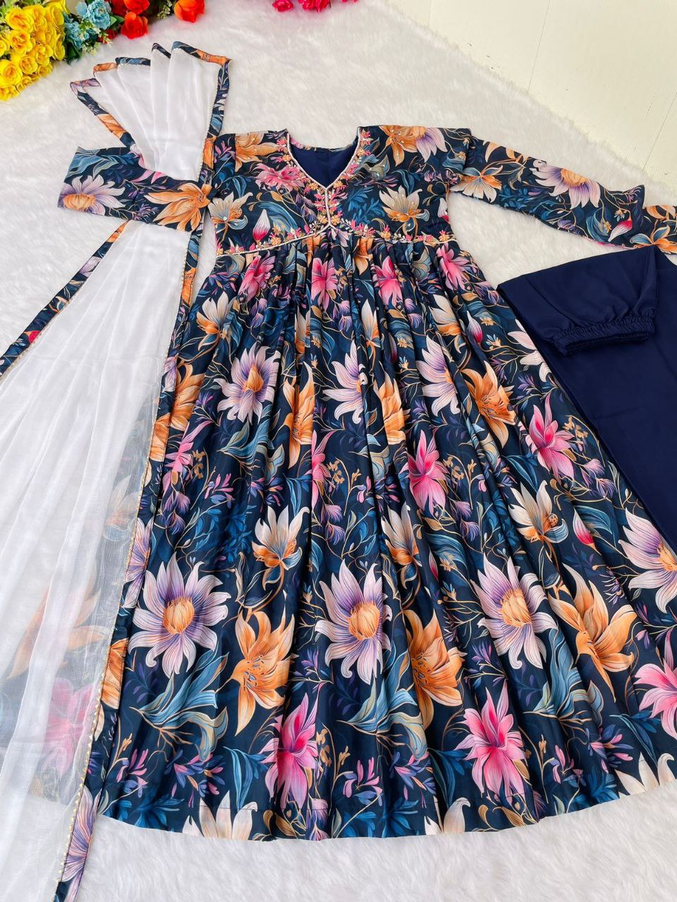 Stunning Navy Blue Alia Cut Dress Set - Party Ready with Mirror Work & Chiffon Dupatta