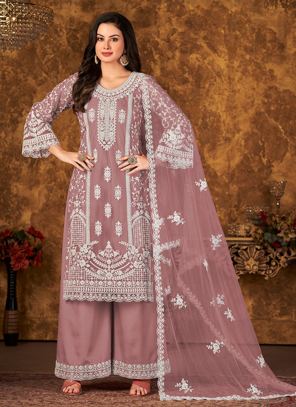 Stunning net embroidered reception wear palazo suit