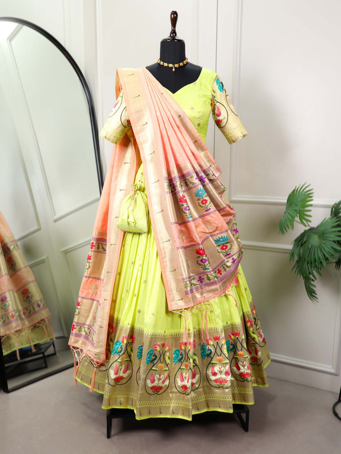 Stunning Parrot Green Paithani Lehenga Choli - Embrace Tradition in Style