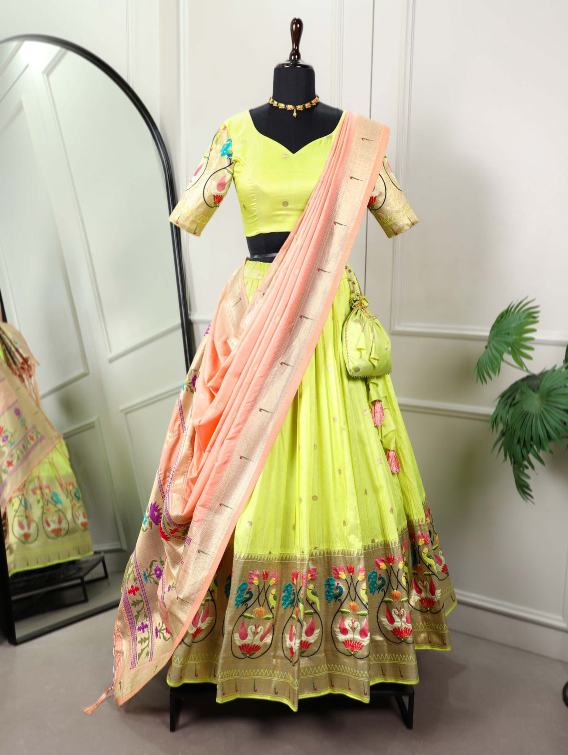 Stunning Parrot Green Paithani Lehenga Choli - Embrace Tradition in Style