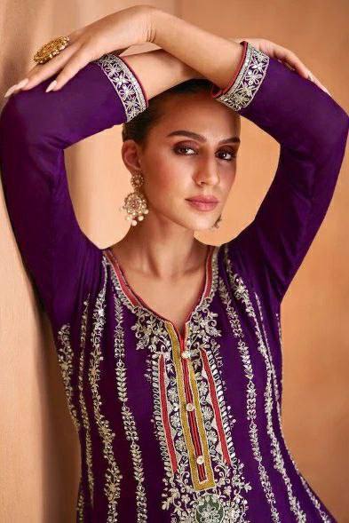 Stunning Purple Embroidered Chinon Salwar Suit Set with Dupatta