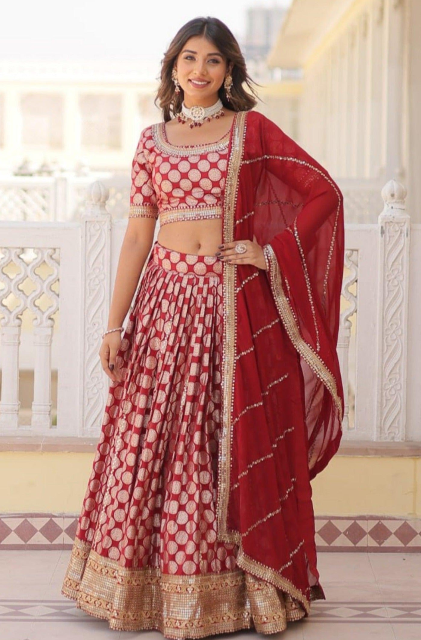 Stunning Red Lehenga Choli with Embellished Dupatta