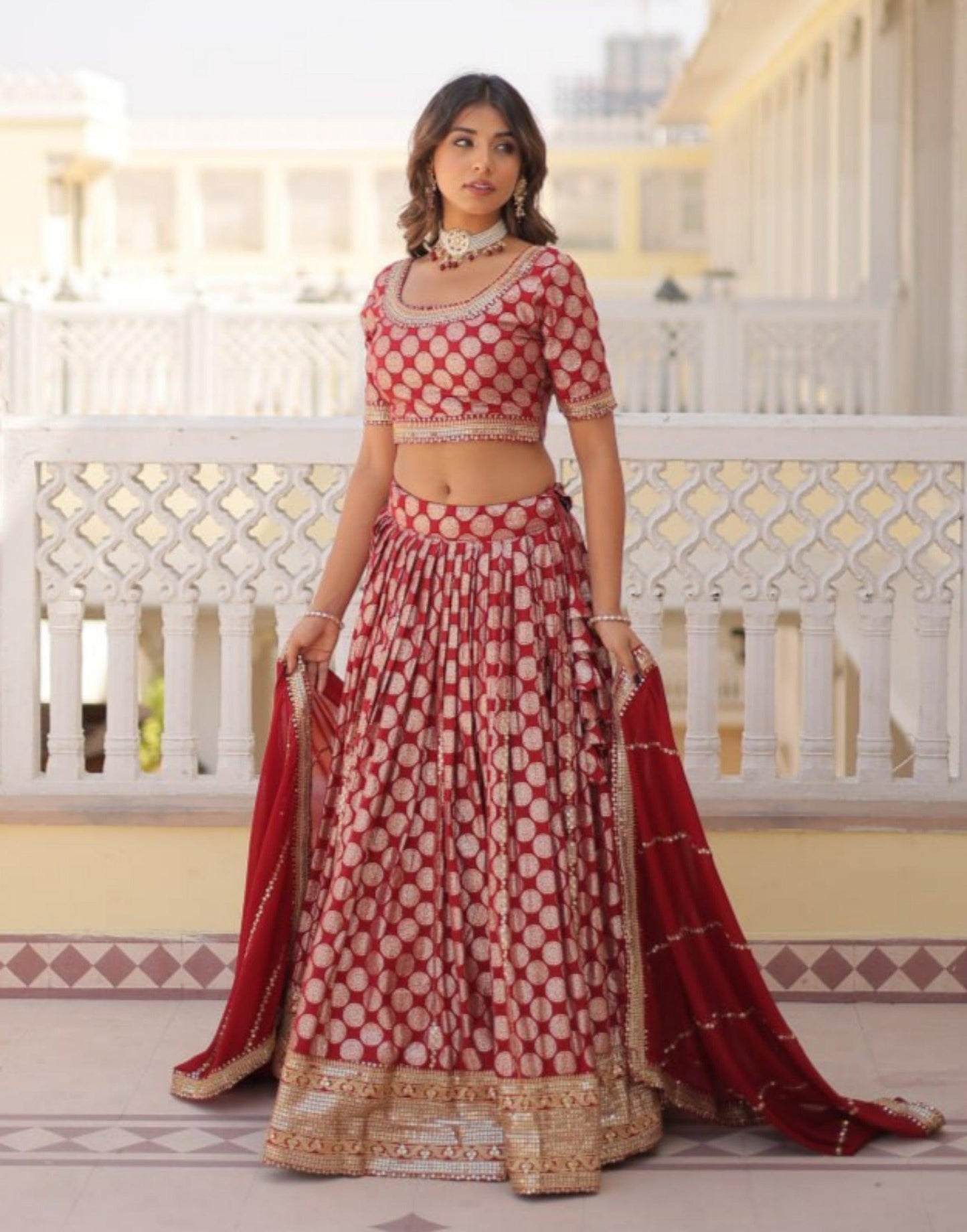 Stunning Red Lehenga Choli with Embellished Dupatta