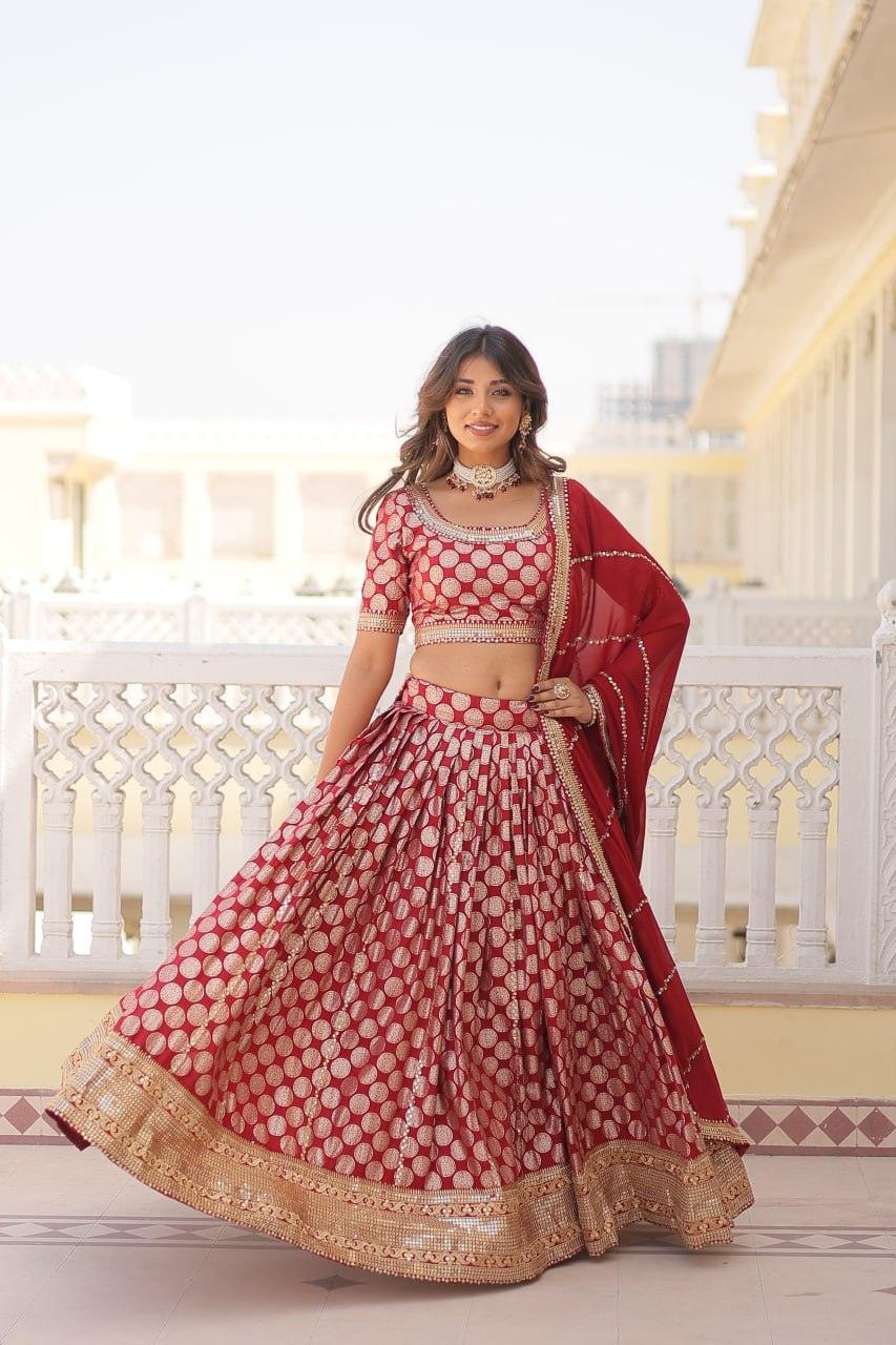 Stunning Red Lehenga Choli with Embellished Dupatta