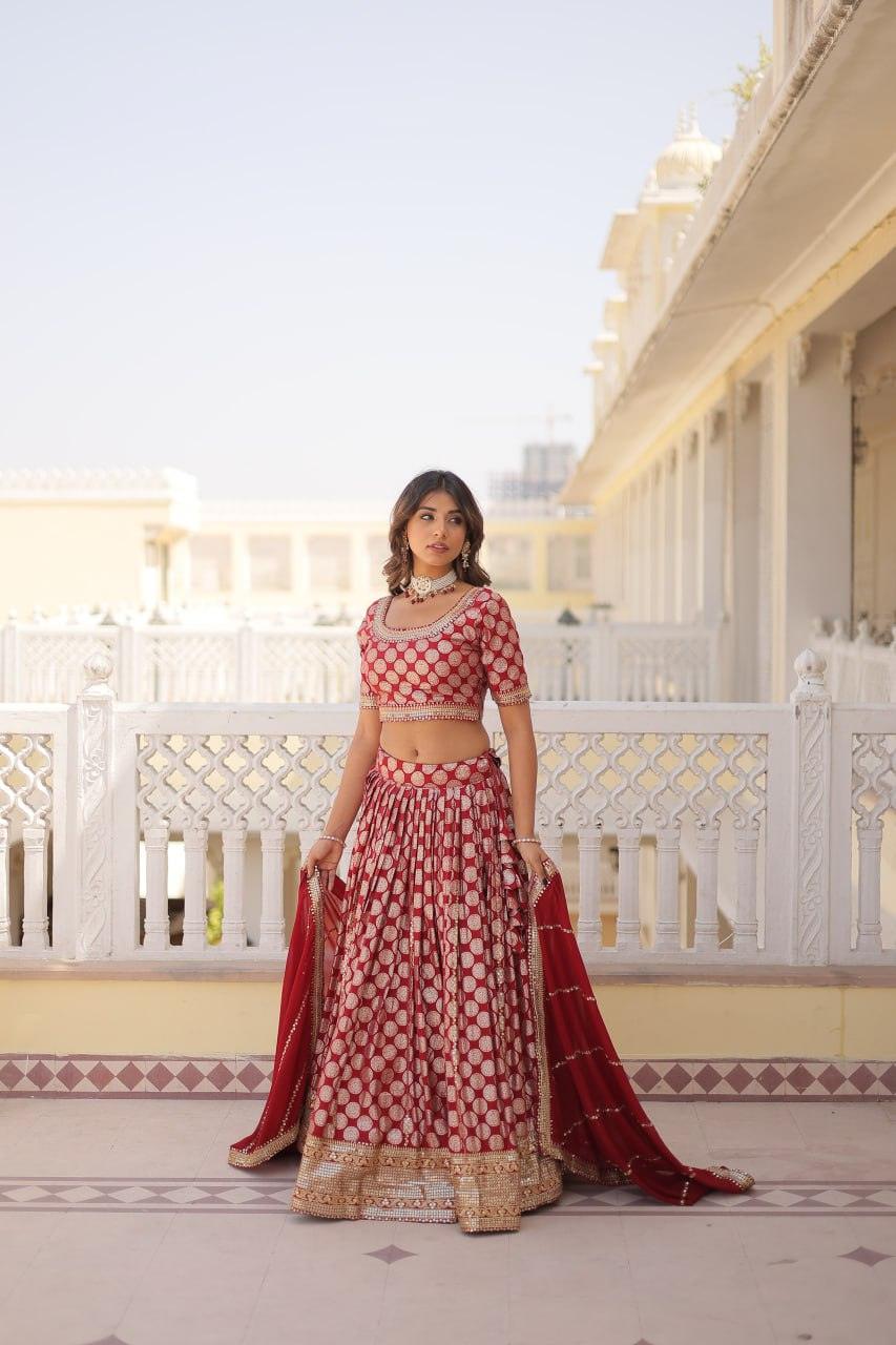 Stunning Red Lehenga Choli with Embellished Dupatta