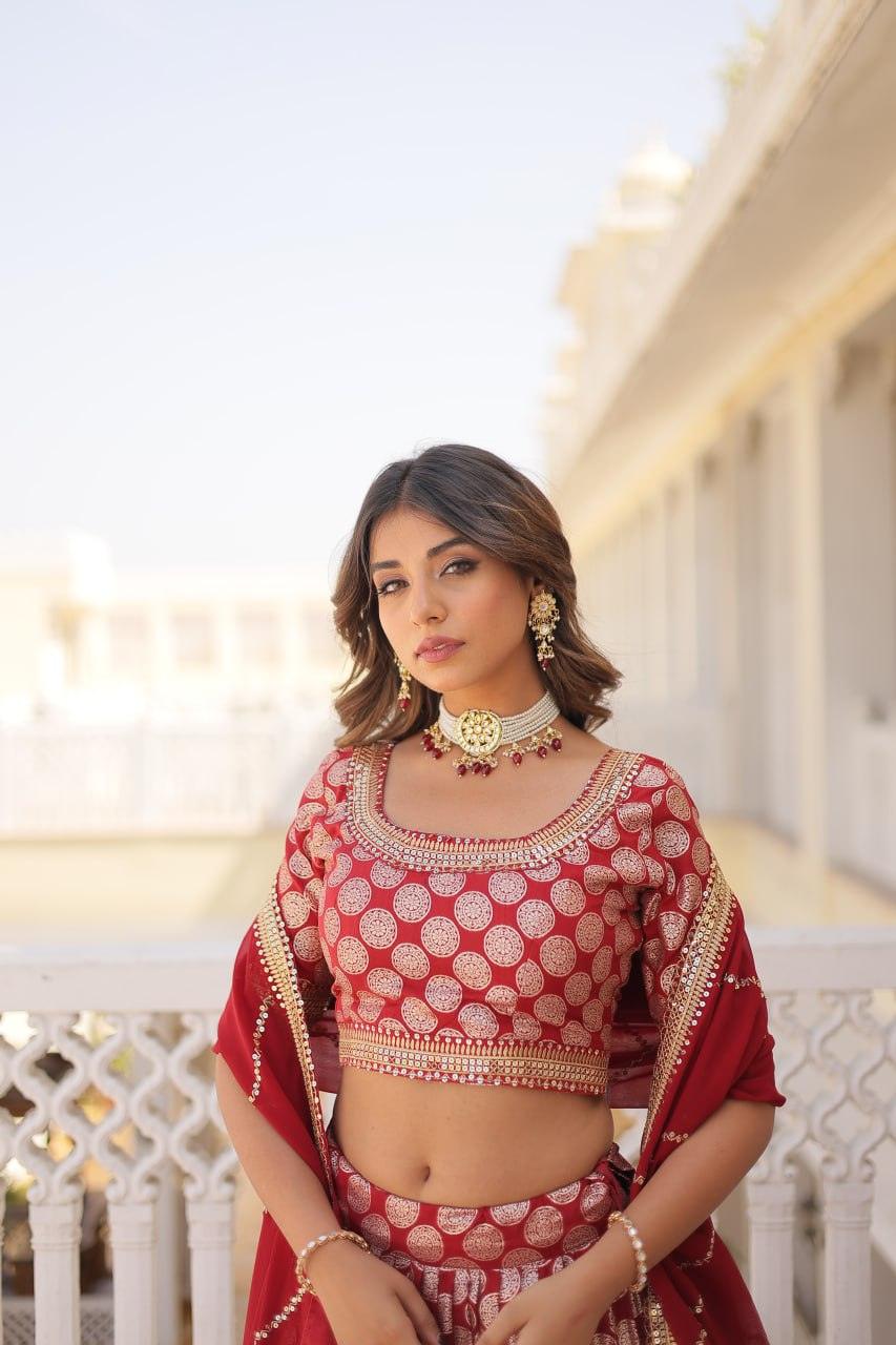 Stunning Red Lehenga Choli with Embellished Dupatta