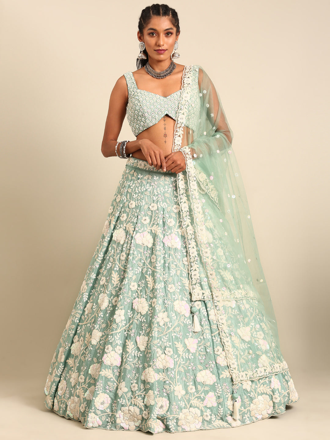 Stunning Sea Green Chinon Lehenga with Zardosi Embroidery and Sequins