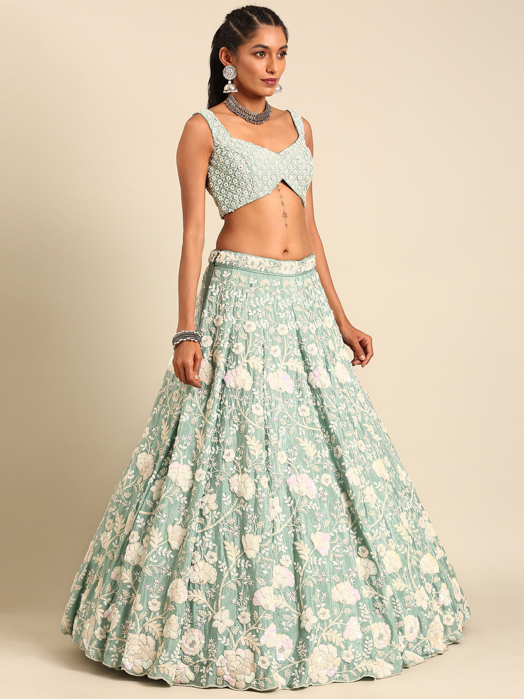 Stunning Sea Green Chinon Lehenga with Zardosi Embroidery and Sequins