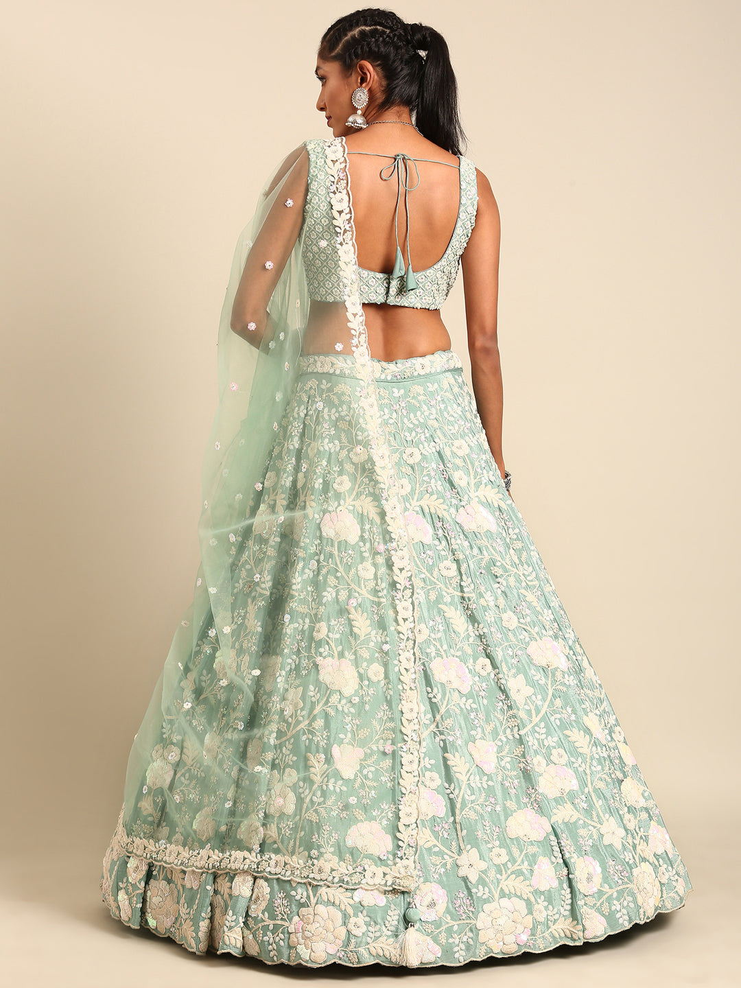 Stunning Sea Green Chinon Lehenga with Zardosi Embroidery and Sequins