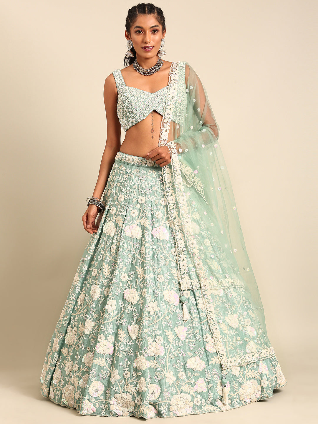 Stunning Sea Green Chinon Lehenga with Zardosi Embroidery and Sequins