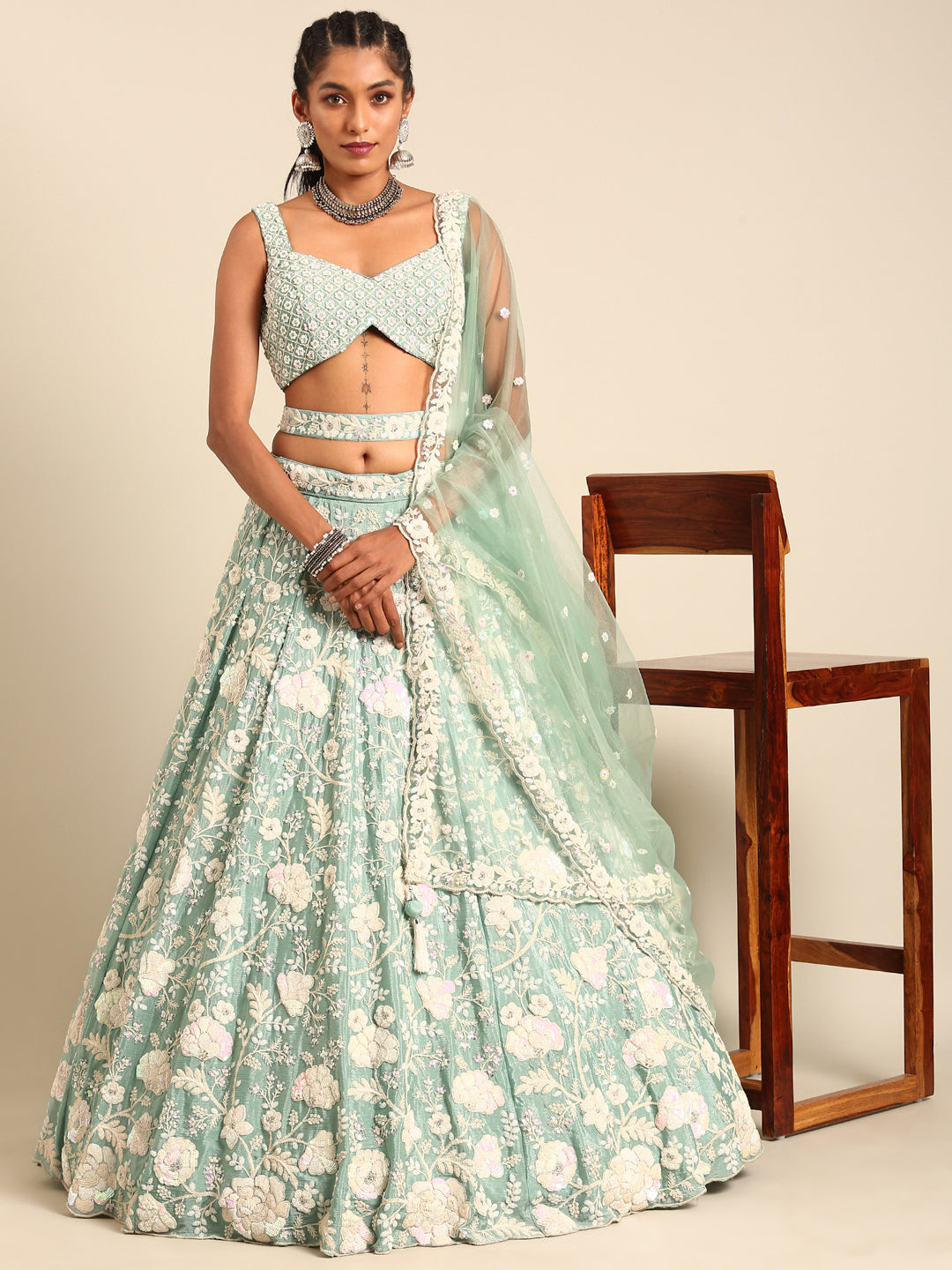 Stunning Sea Green Chinon Lehenga with Zardosi Embroidery and Sequins