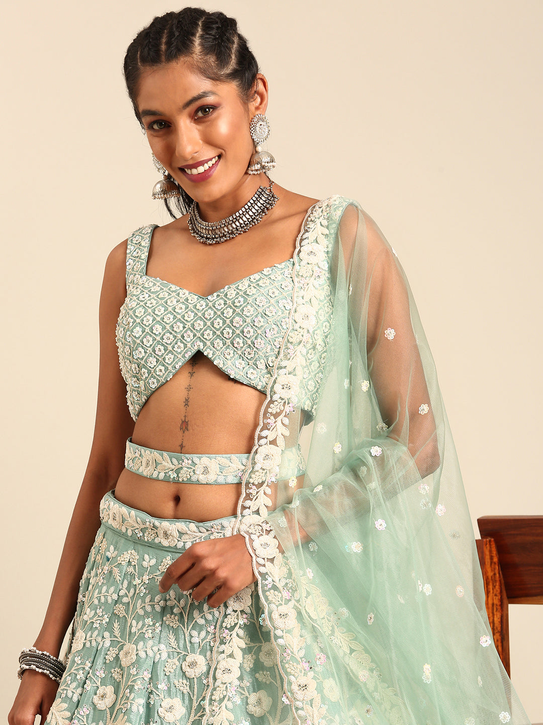 Stunning Sea Green Chinon Lehenga with Zardosi Embroidery and Sequins