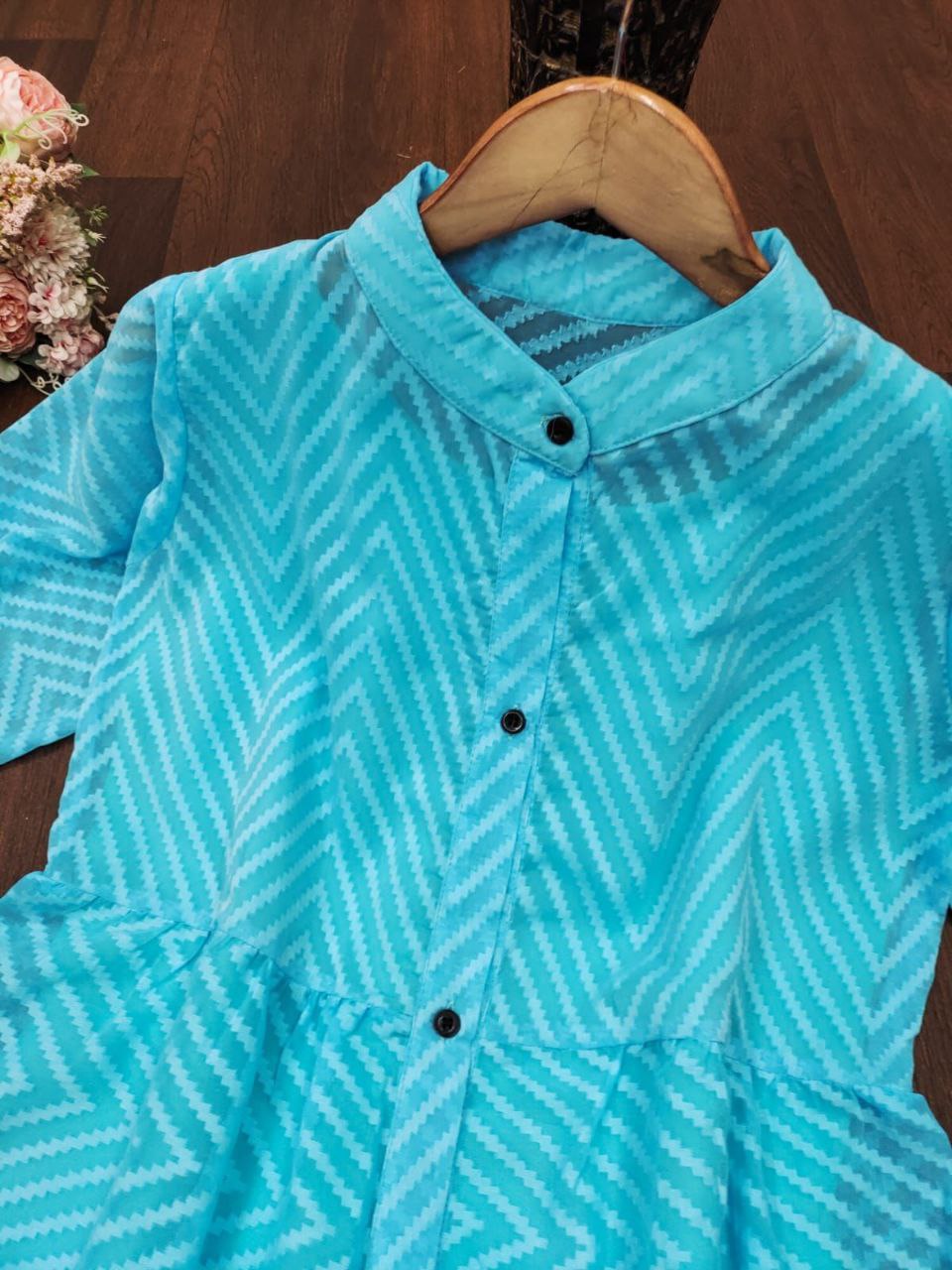 Stunning Sky Blue Zik Zak Georgette Jacket Kurti with Flared Silhouette