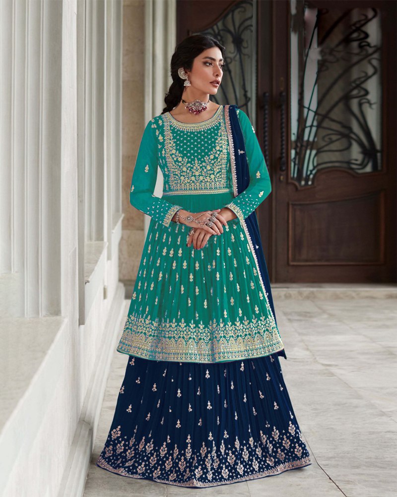 Stunning Thread Sequence Embroidered Georgette Blue & Navy Blue Color Lehenga Set