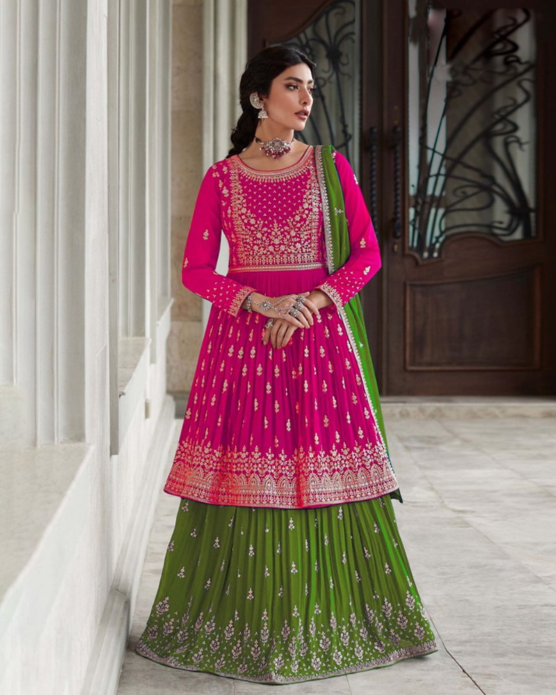 Stunning Thread Sequence Embroidered Georgette Pink & Green Color Lehenga Set