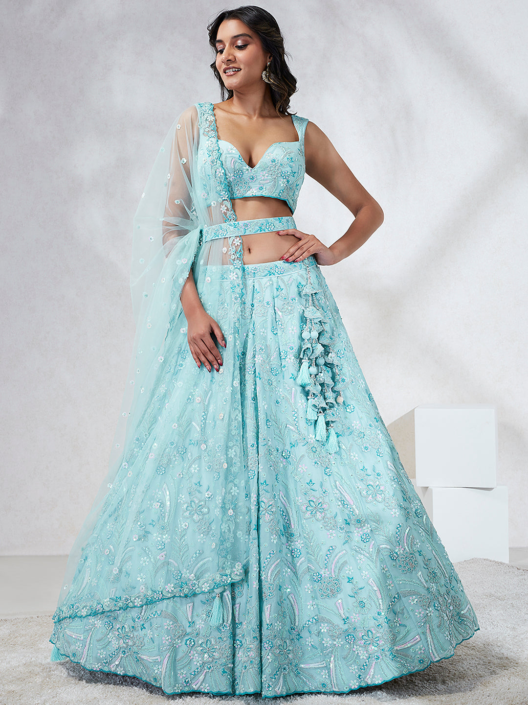 Stunning Turquoise Blue Sequin Embroidered Lehenga Choli Set