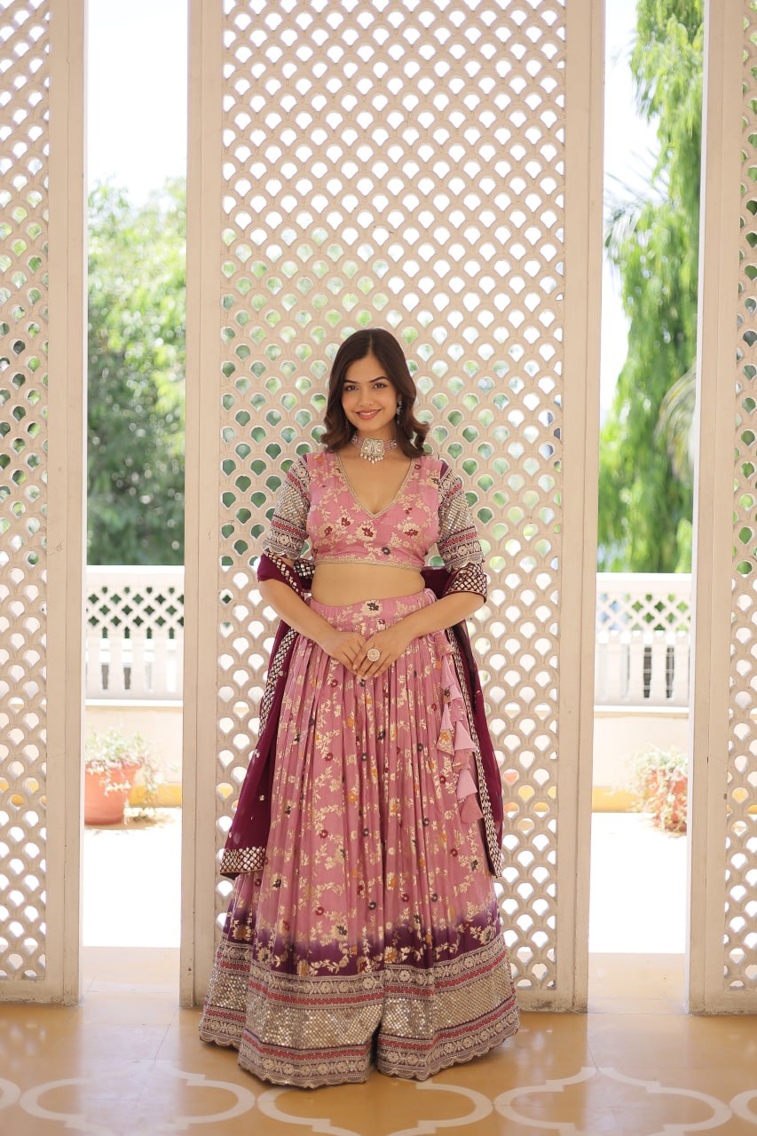 Stunning Viscose Jacquard Lavender Peach Lehenga Set with Embroidered Sequins and Faux Blooming Dupatta