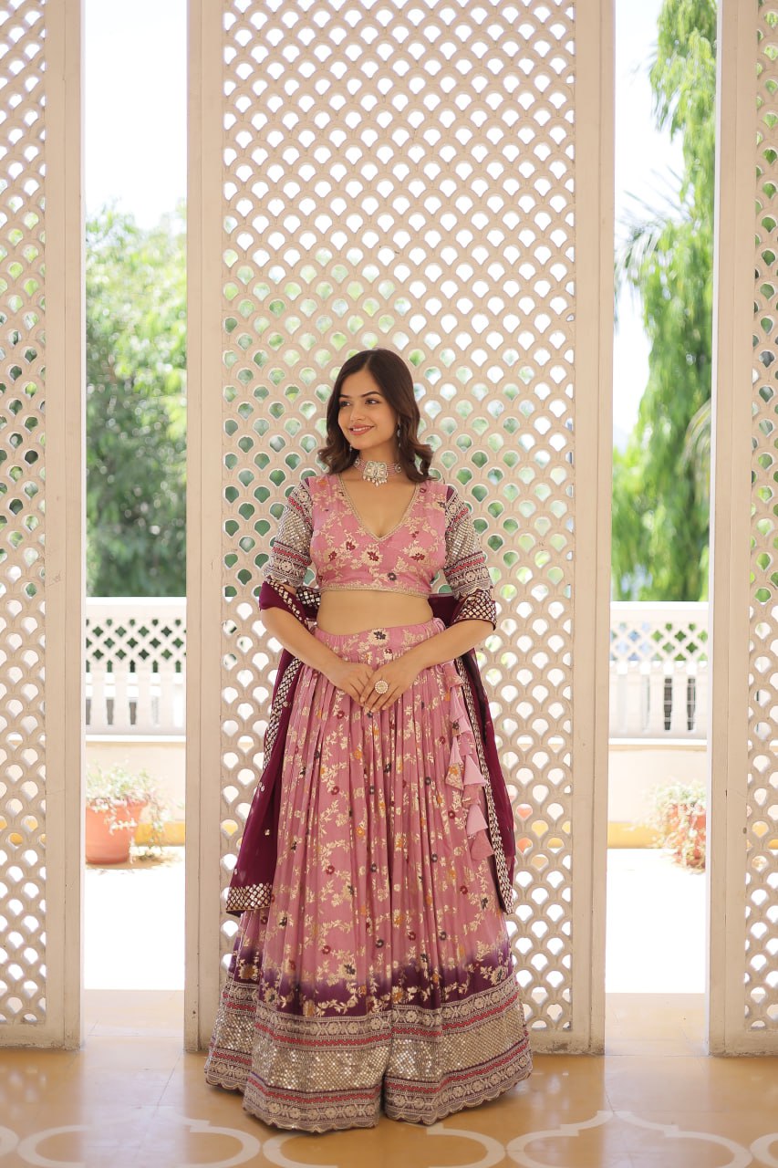 Stunning Viscose Jacquard Lavender Peach Lehenga Set with Embroidered Sequins and Faux Blooming Dupatta