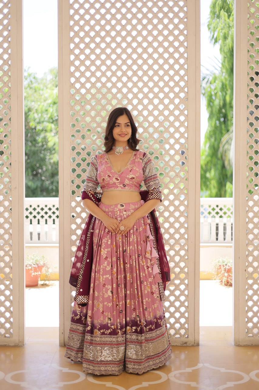 Stunning Viscose Jacquard Lavender Peach Lehenga Set with Embroidered Sequins and Faux Blooming Dupatta