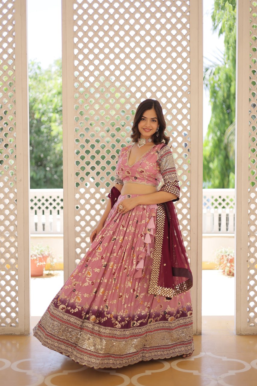 Stunning Viscose Jacquard Lavender Peach Lehenga Set with Embroidered Sequins and Faux Blooming Dupatta