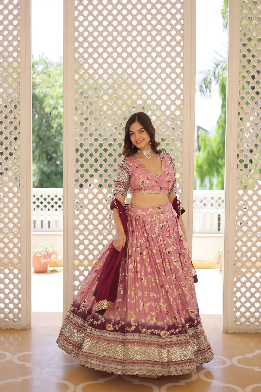 Stunning Viscose Jacquard Lavender Peach Lehenga Set with Embroidered Sequins and Faux Blooming Dupatta