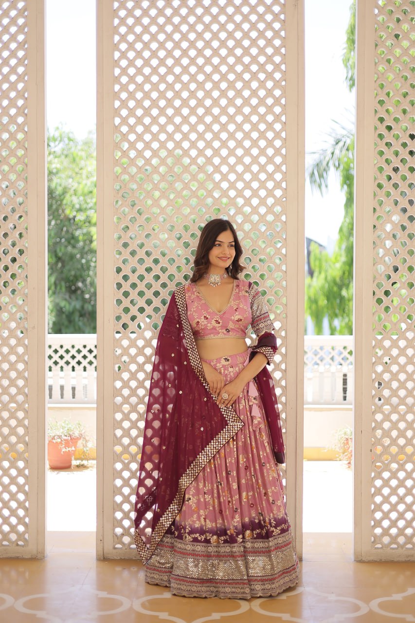 Stunning Viscose Jacquard Lavender Peach Lehenga Set with Embroidered Sequins and Faux Blooming Dupatta