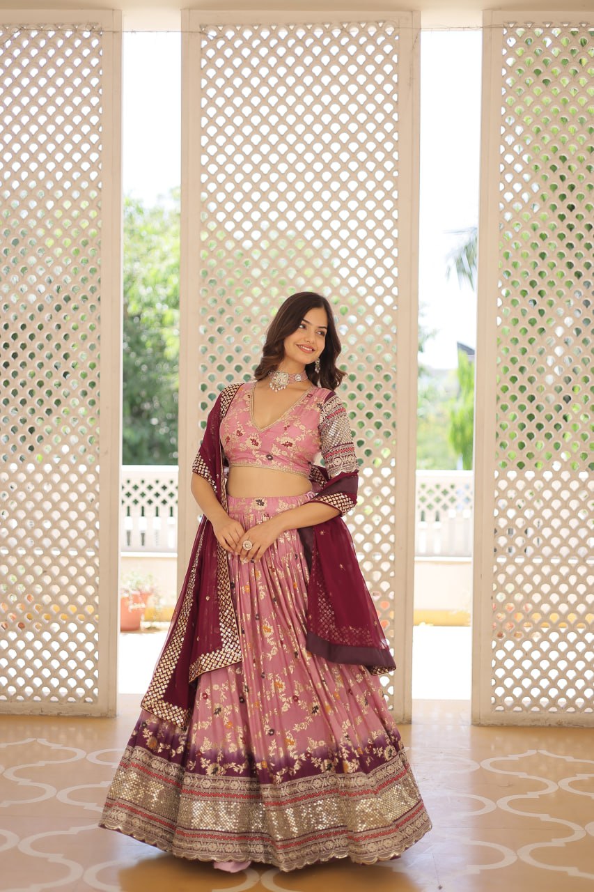 Stunning Viscose Jacquard Lavender Peach Lehenga Set with Embroidered Sequins and Faux Blooming Dupatta