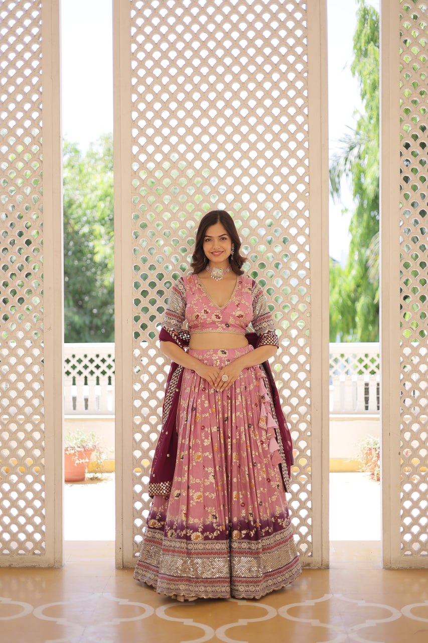 Stunning Viscose Jacquard Lavender Peach Lehenga Set with Embroidered Sequins and Faux Blooming Dupatta
