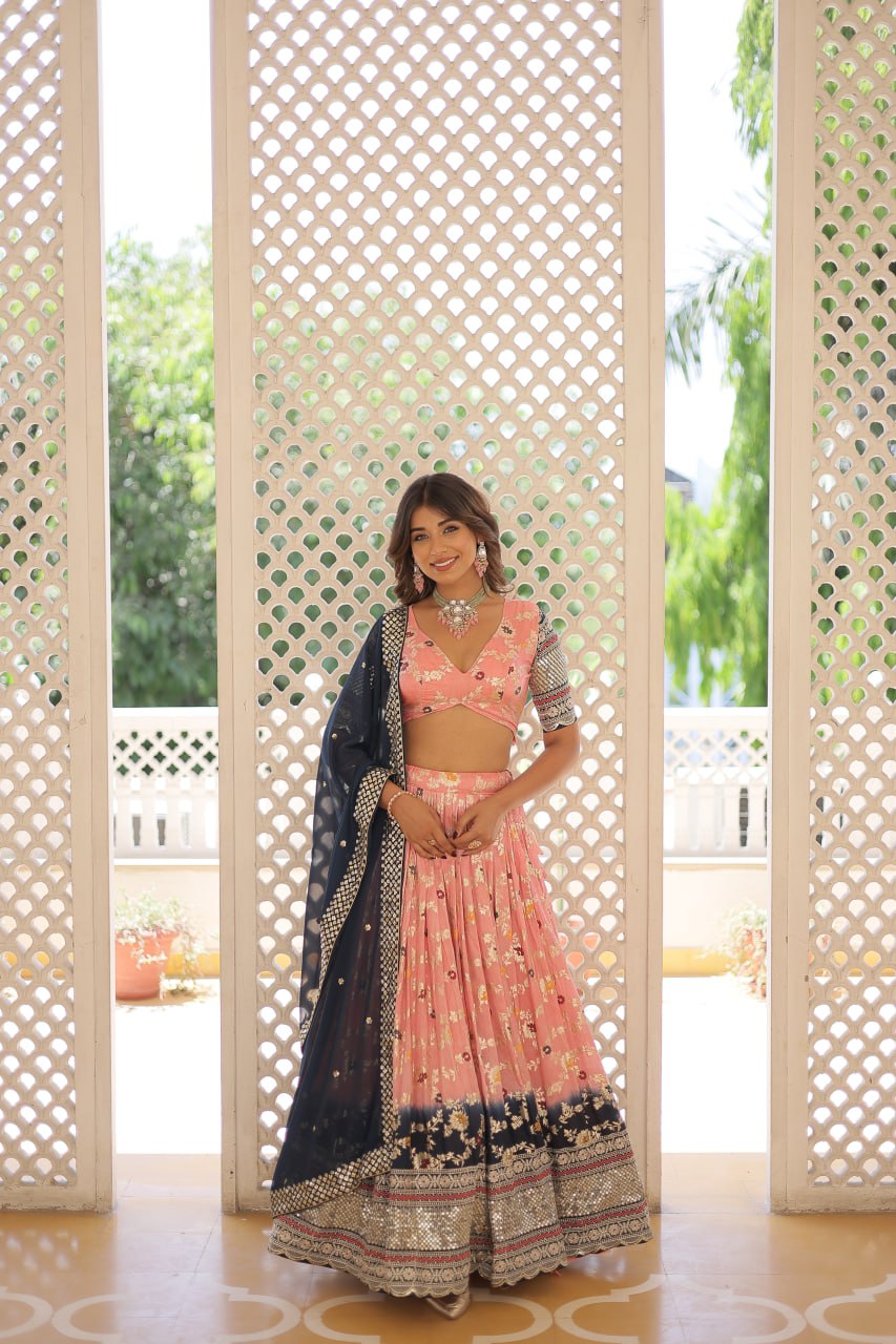 Stunning Viscose Jacquard Light Pink & Blue Lehenga Set with Embroidered Sequins and Faux Blooming Dupatta