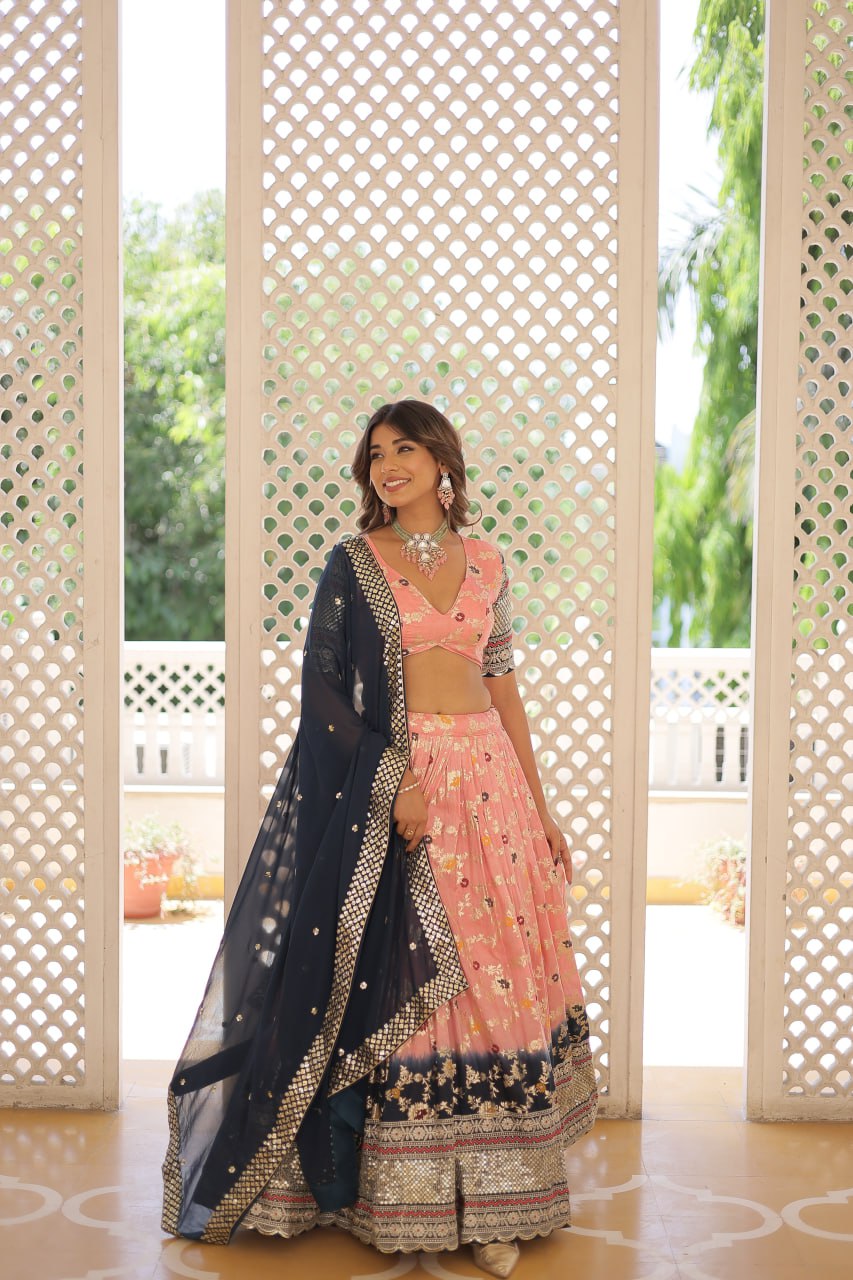 Stunning Viscose Jacquard Light Pink & Blue Lehenga Set with Embroidered Sequins and Faux Blooming Dupatta