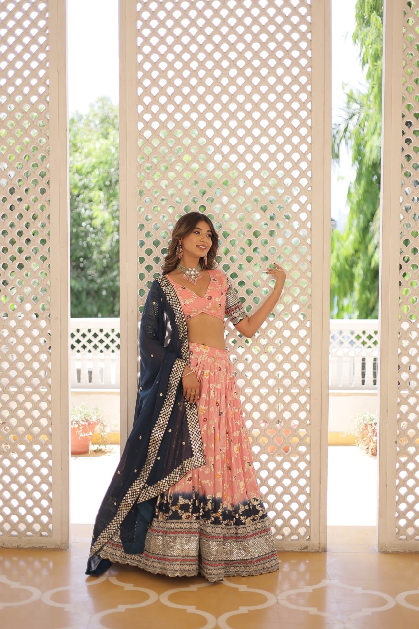 Stunning Viscose Jacquard Light Pink & Blue Lehenga Set with Embroidered Sequins and Faux Blooming Dupatta