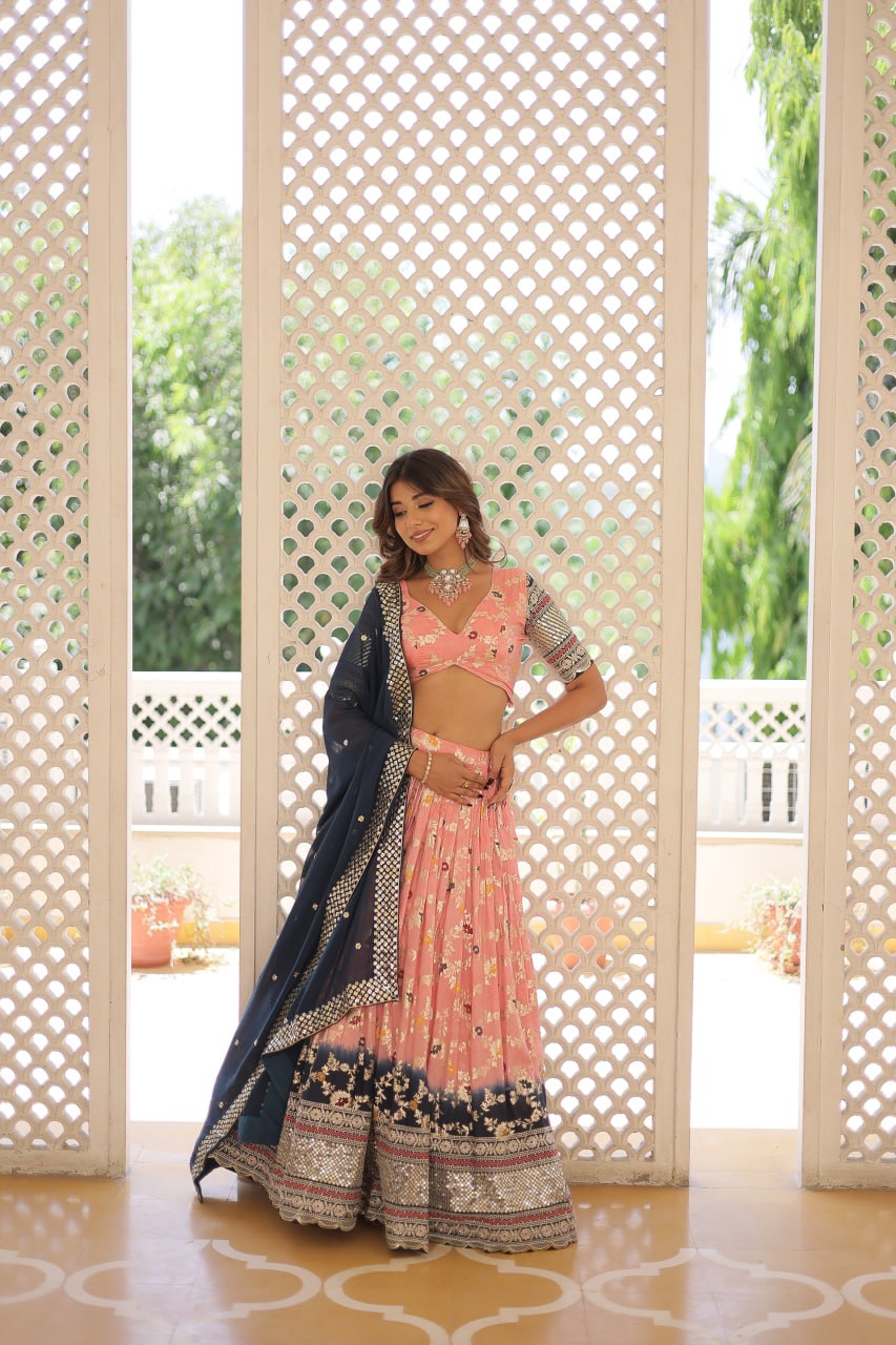 Stunning Viscose Jacquard Light Pink & Blue Lehenga Set with Embroidered Sequins and Faux Blooming Dupatta
