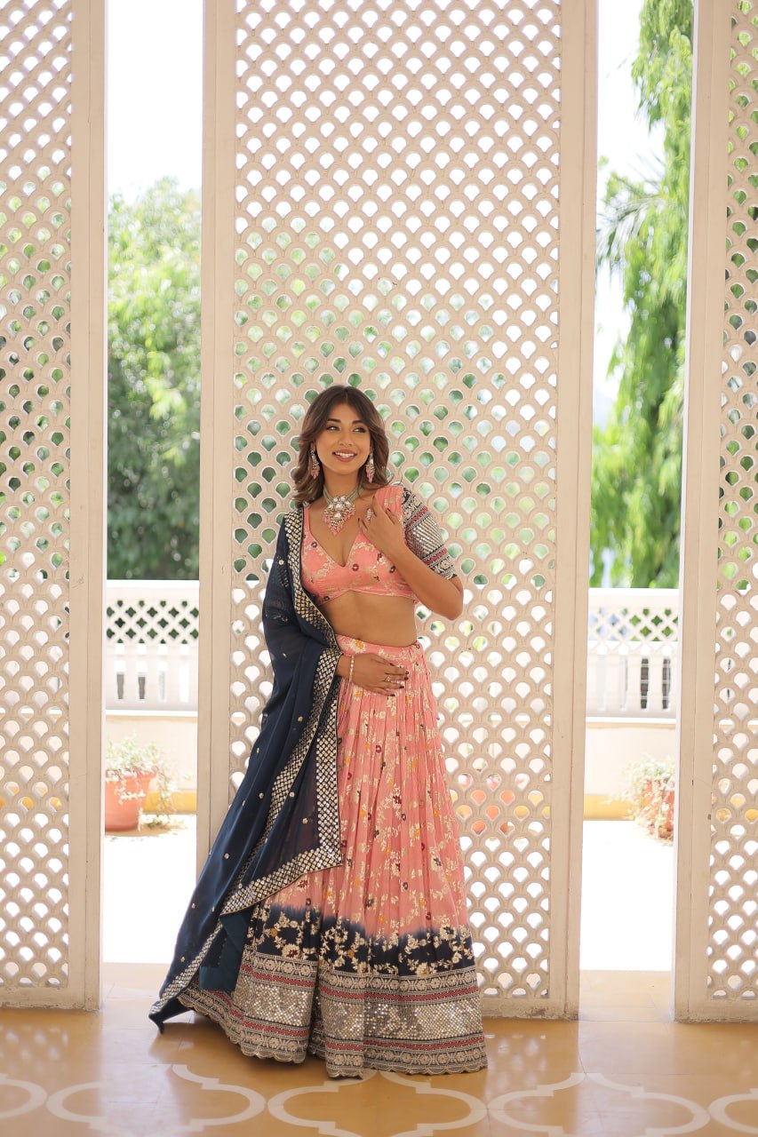 Stunning Viscose Jacquard Light Pink & Blue Lehenga Set with Embroidered Sequins and Faux Blooming Dupatta