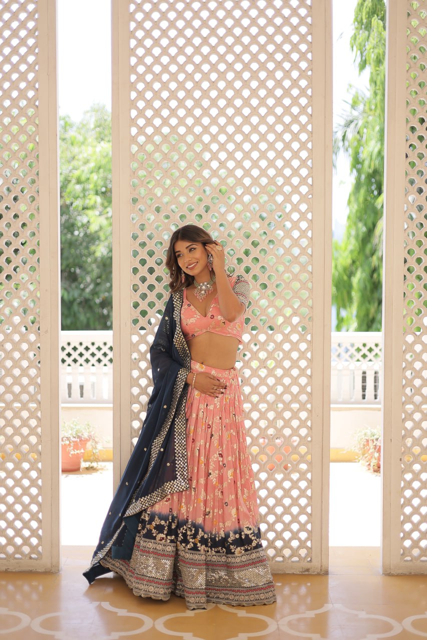 Stunning Viscose Jacquard Light Pink & Blue Lehenga Set with Embroidered Sequins and Faux Blooming Dupatta