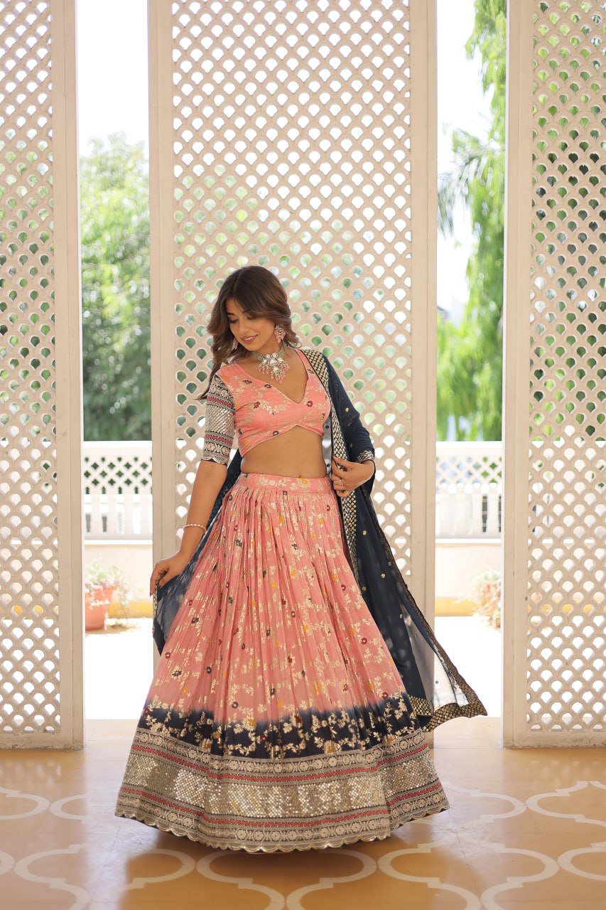 Stunning Viscose Jacquard Light Pink & Blue Lehenga Set with Embroidered Sequins and Faux Blooming Dupatta