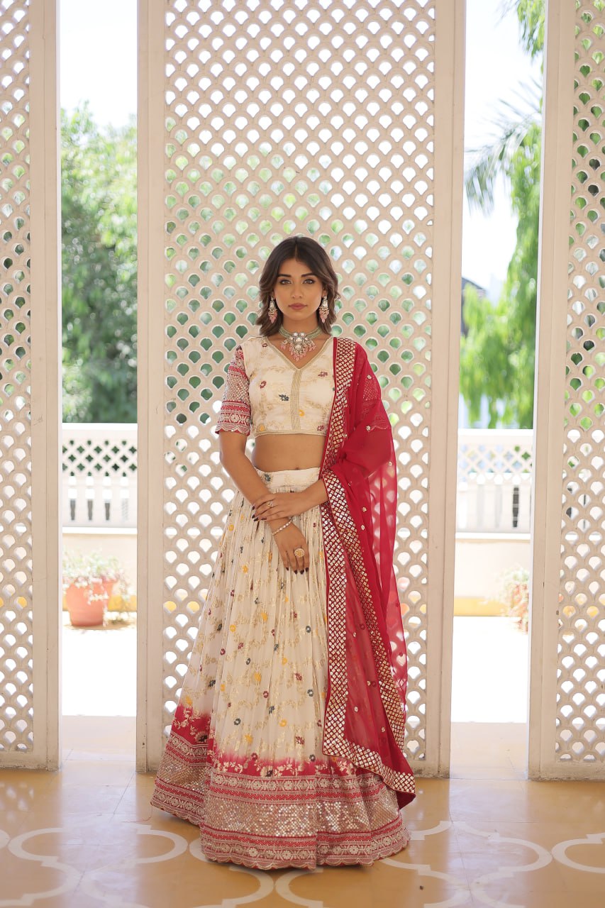 Stunning Viscose Jacquard Off White Lehenga Set with Embroidered Sequins and Faux Blooming Dupatta