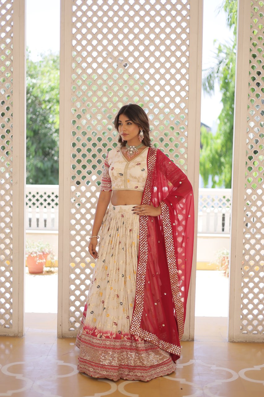 Stunning Viscose Jacquard Off White Lehenga Set with Embroidered Sequins and Faux Blooming Dupatta