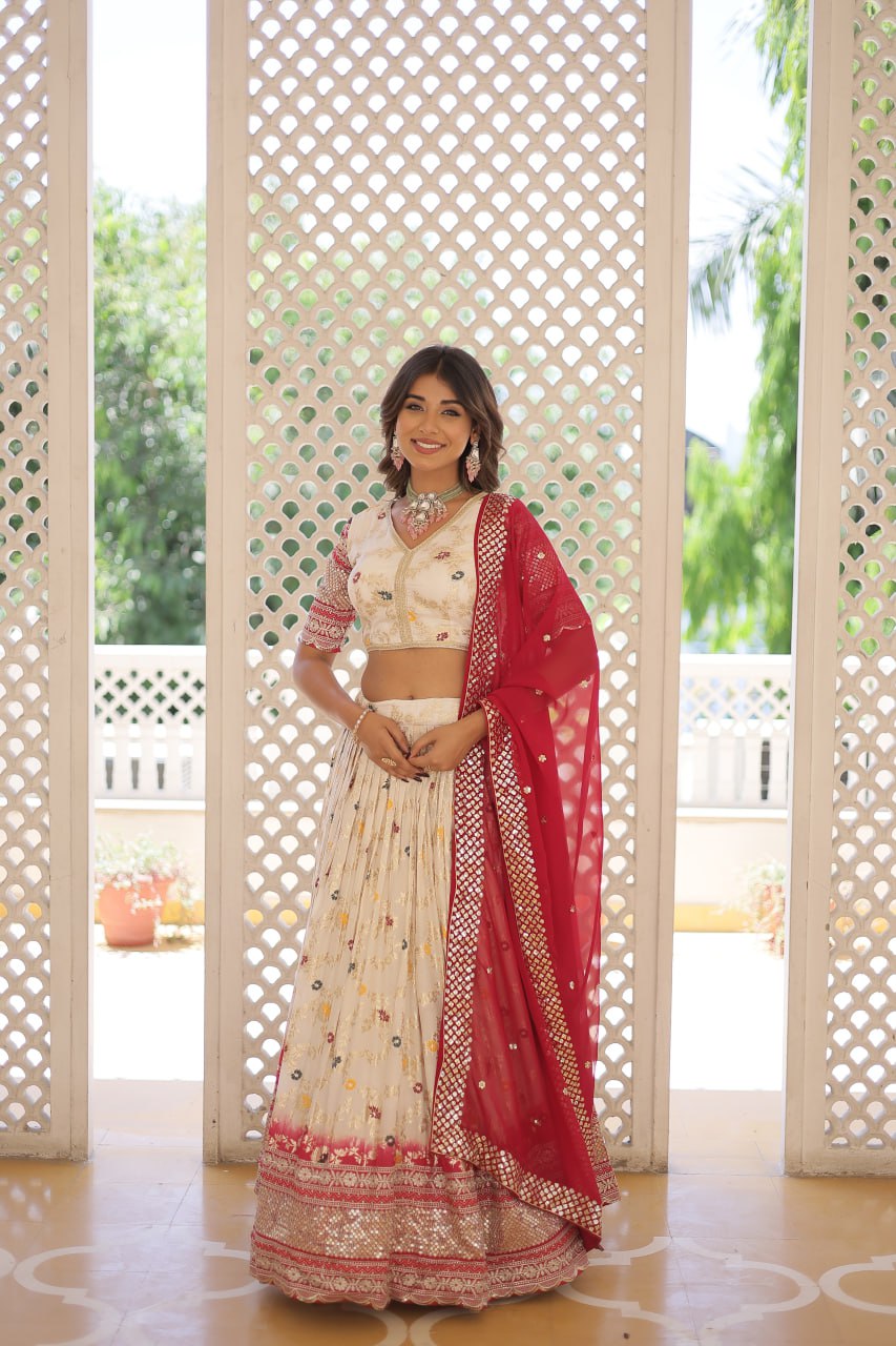 Stunning Viscose Jacquard Off White Lehenga Set with Embroidered Sequins and Faux Blooming Dupatta
