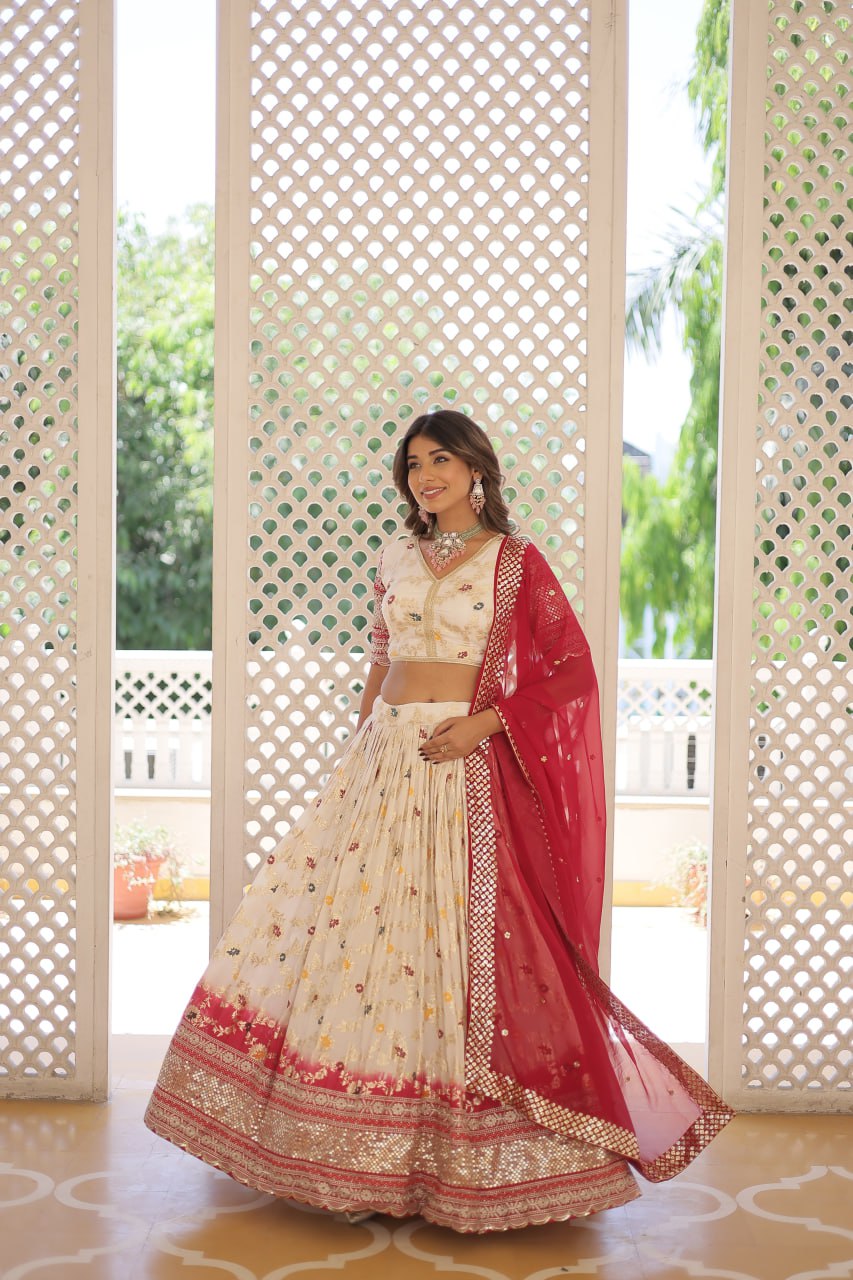 Stunning Viscose Jacquard Off White Lehenga Set with Embroidered Sequins and Faux Blooming Dupatta